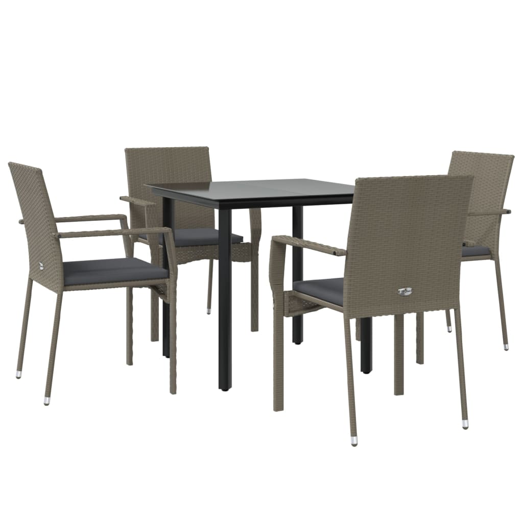 5 Piece Patio Dining Set with Cushions Black and Gray Poly Rattan