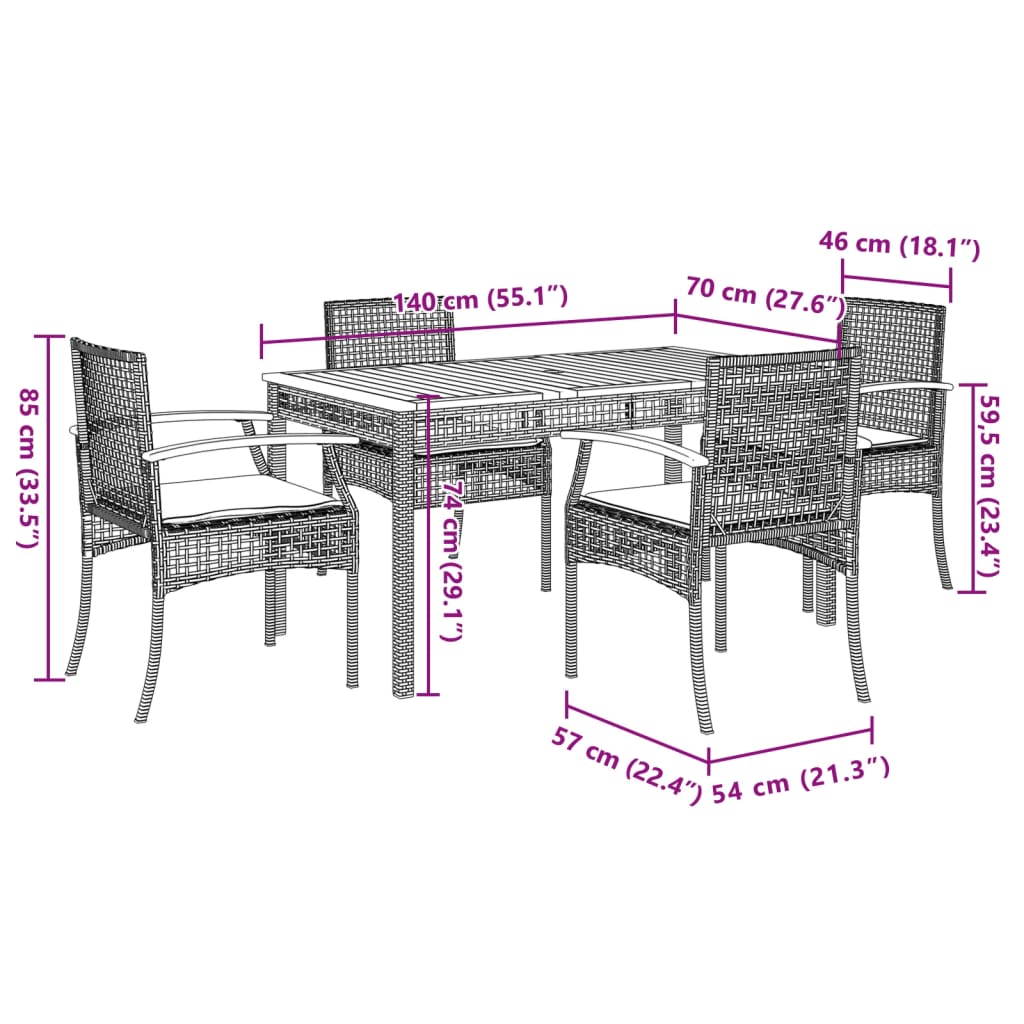 5 Piece Patio Dining Set with Cushions Gray Poly Rattan