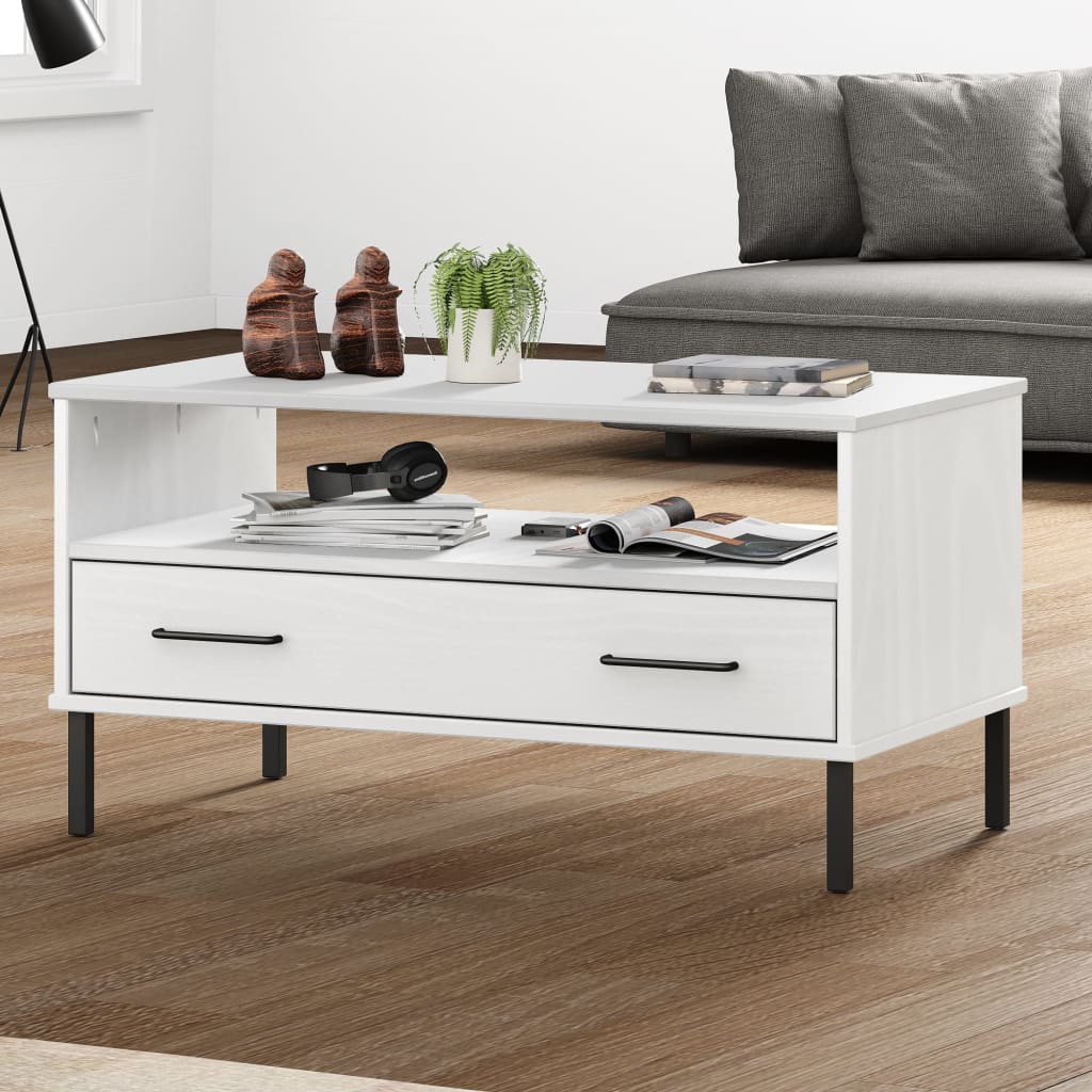 Coffee Table with Metal Legs White 33.5"x19.7"x17.7" Solid Wood OSLO