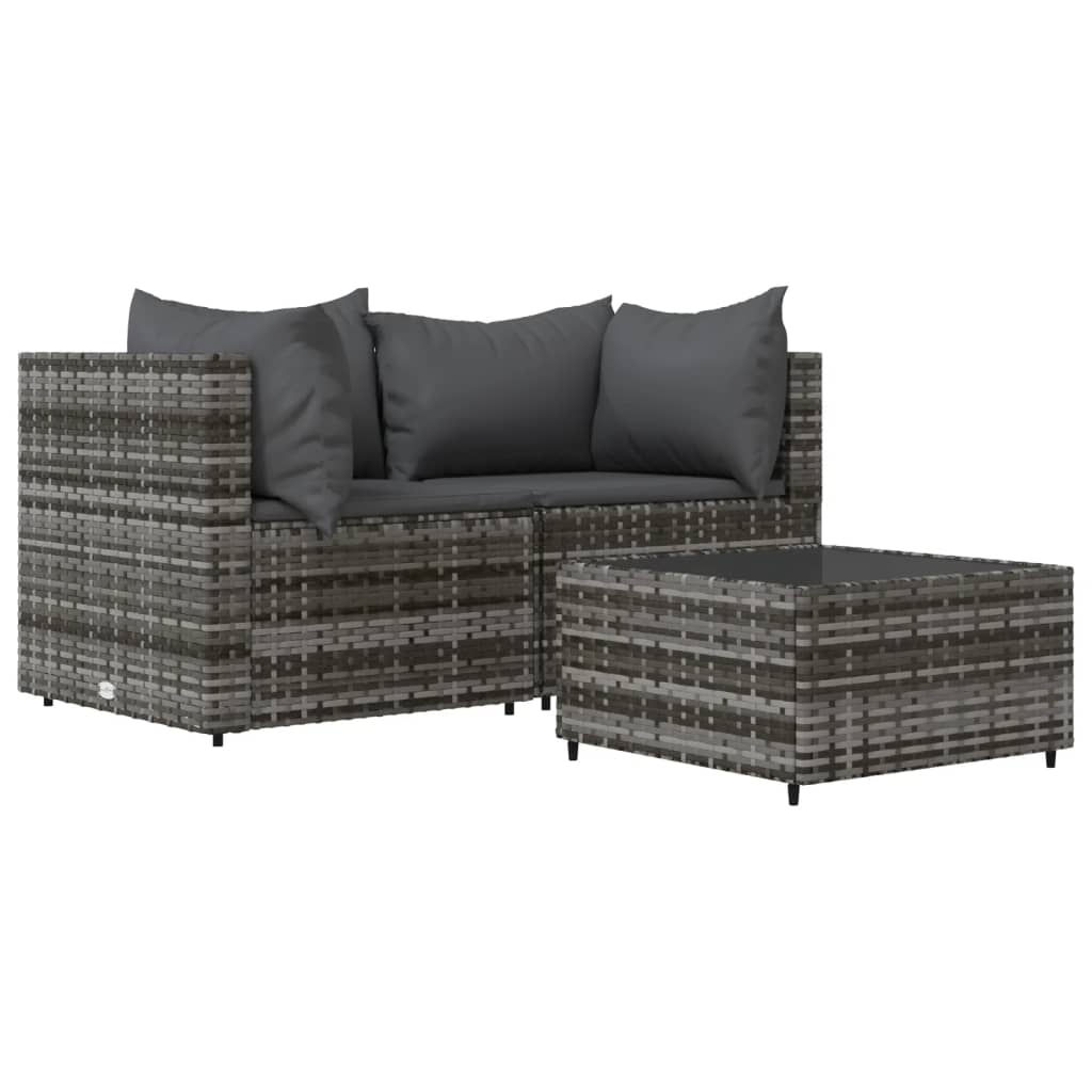 3 Piece Patio Lounge Set with Cushions Gray Poly Rattan