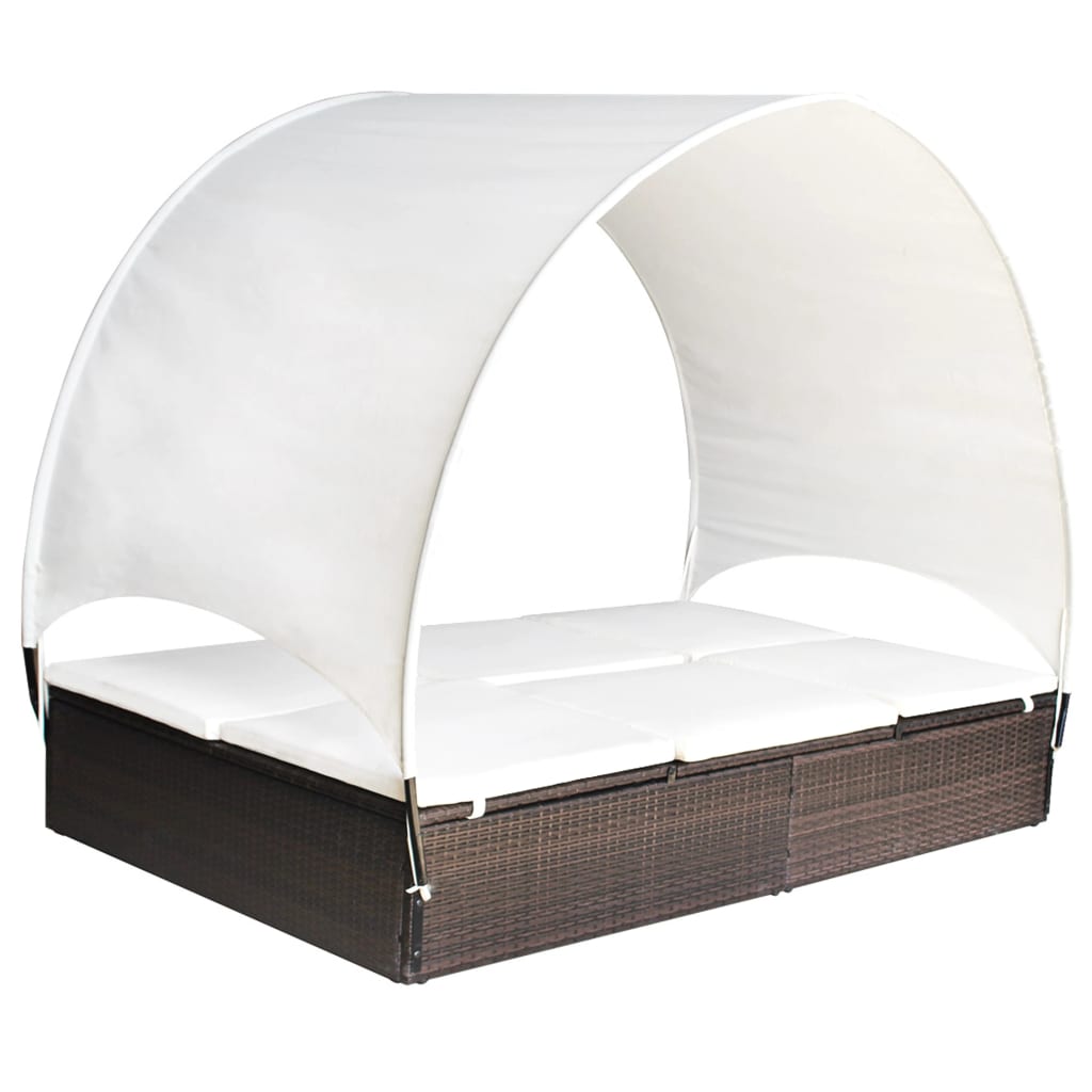 Double Sun Lounger with Canopy Poly Rattan Black