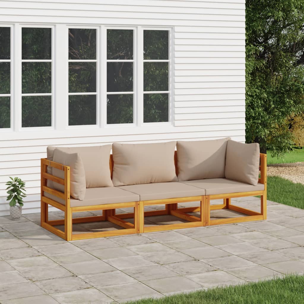 3 Piece Patio Lounge Set with Taupe Cushions Solid Wood