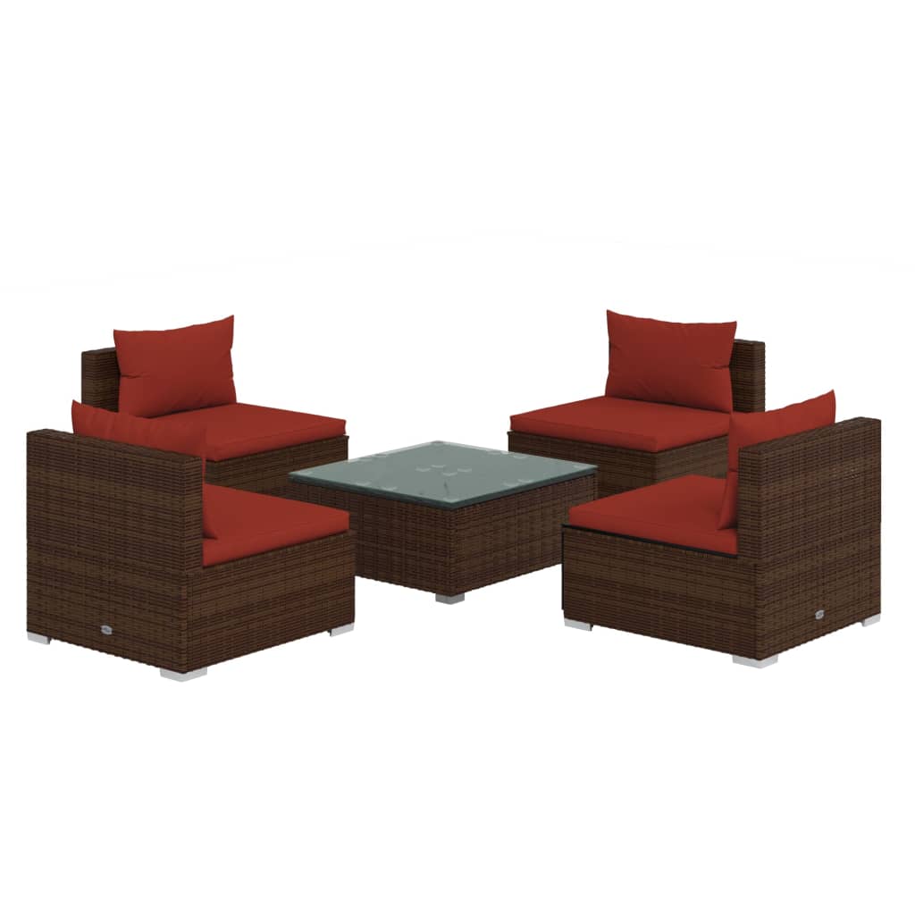 5 Piece Patio Lounge Set with Cushions Poly Rattan Brown