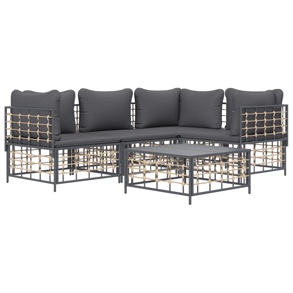 5 Piece Patio Lounge Set with Cushions Anthracite Poly Rattan