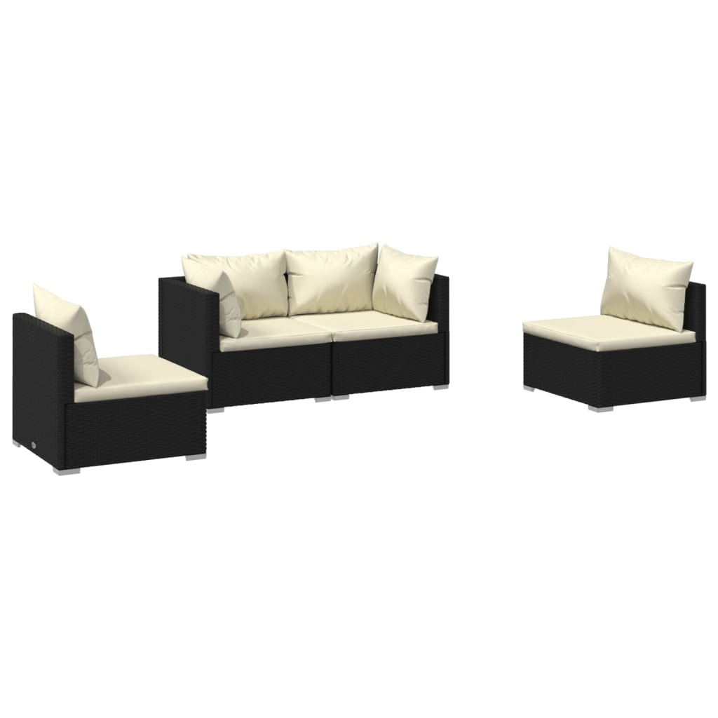 4 Piece Patio Lounge Set with Cushions Poly Rattan Black