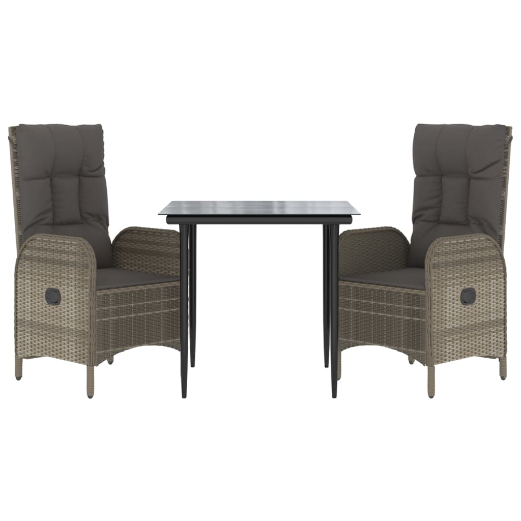 3 Piece Patio Dining Set with Cushions Black and Gray Poly Rattan