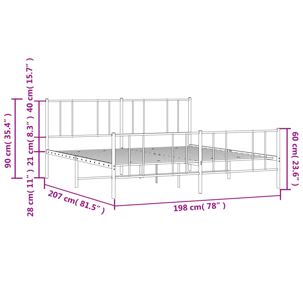 Metal Bed Frame without Mattress with Footboard White 76"x79.9"