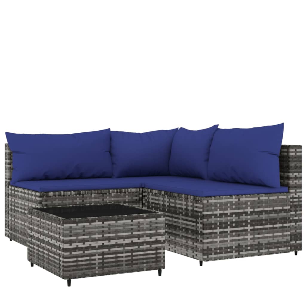 4 Piece Patio Lounge Set with Cushions Gray Poly Rattan