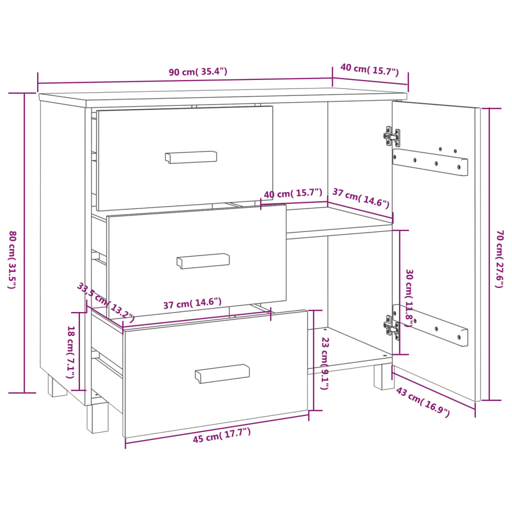 Sideboard HAMAR White 35.4"x15.7"x31.5" Solid Pinewood