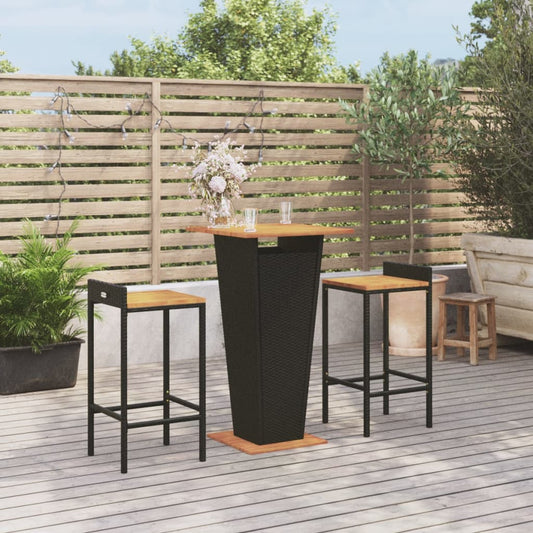 3 Piece Patio Bar Set Black Poly Rattan&Solid Wood Acacia