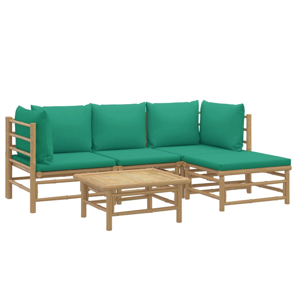 5 Piece Patio Lounge Set with Green Cushions Bamboo