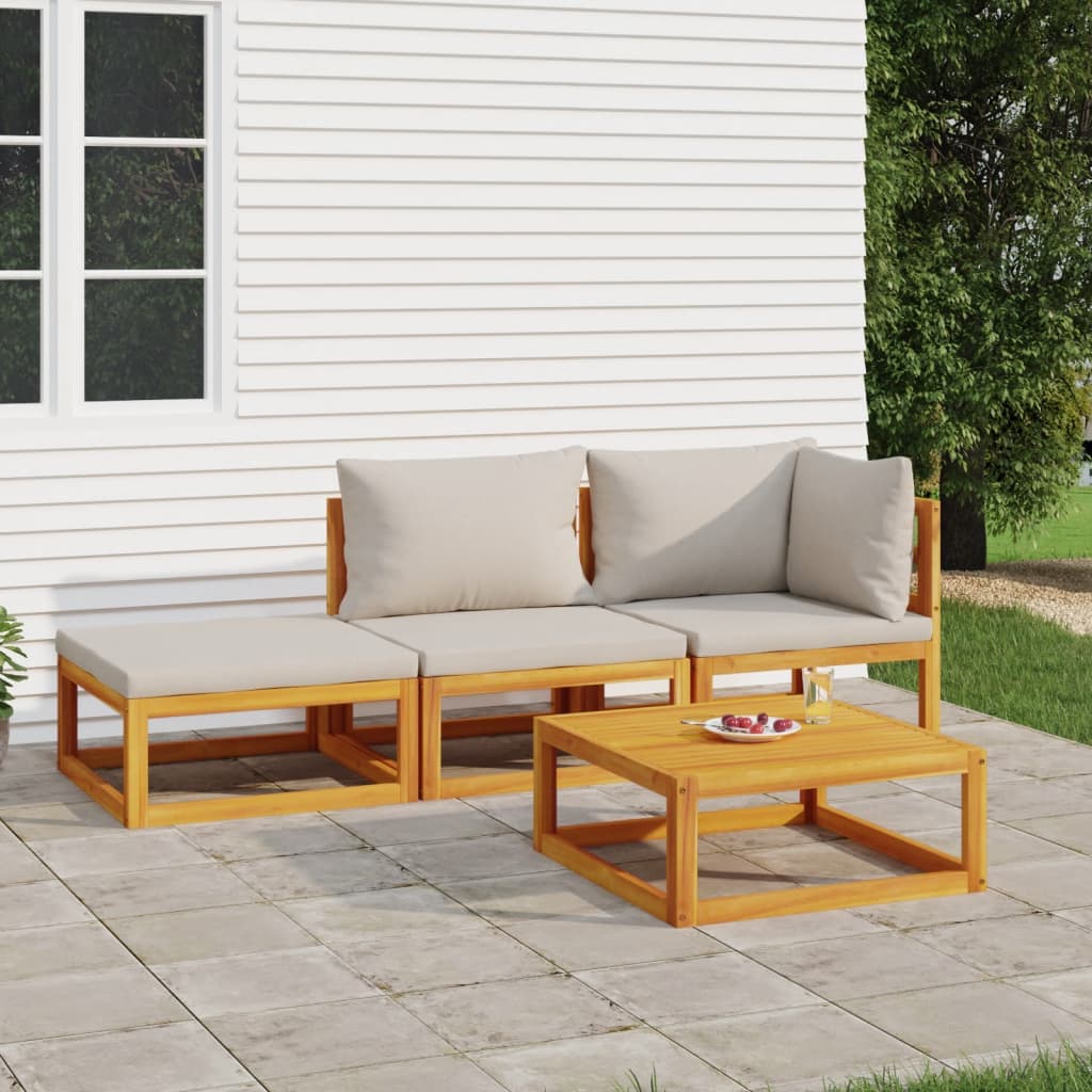 4 Piece Patio Lounge Set with Light Gray Cushions Solid Wood