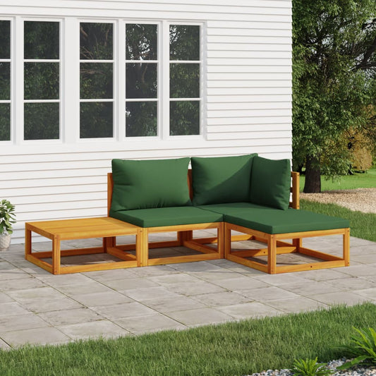 4 Piece Patio Lounge Set with Green Cushions Solid Wood