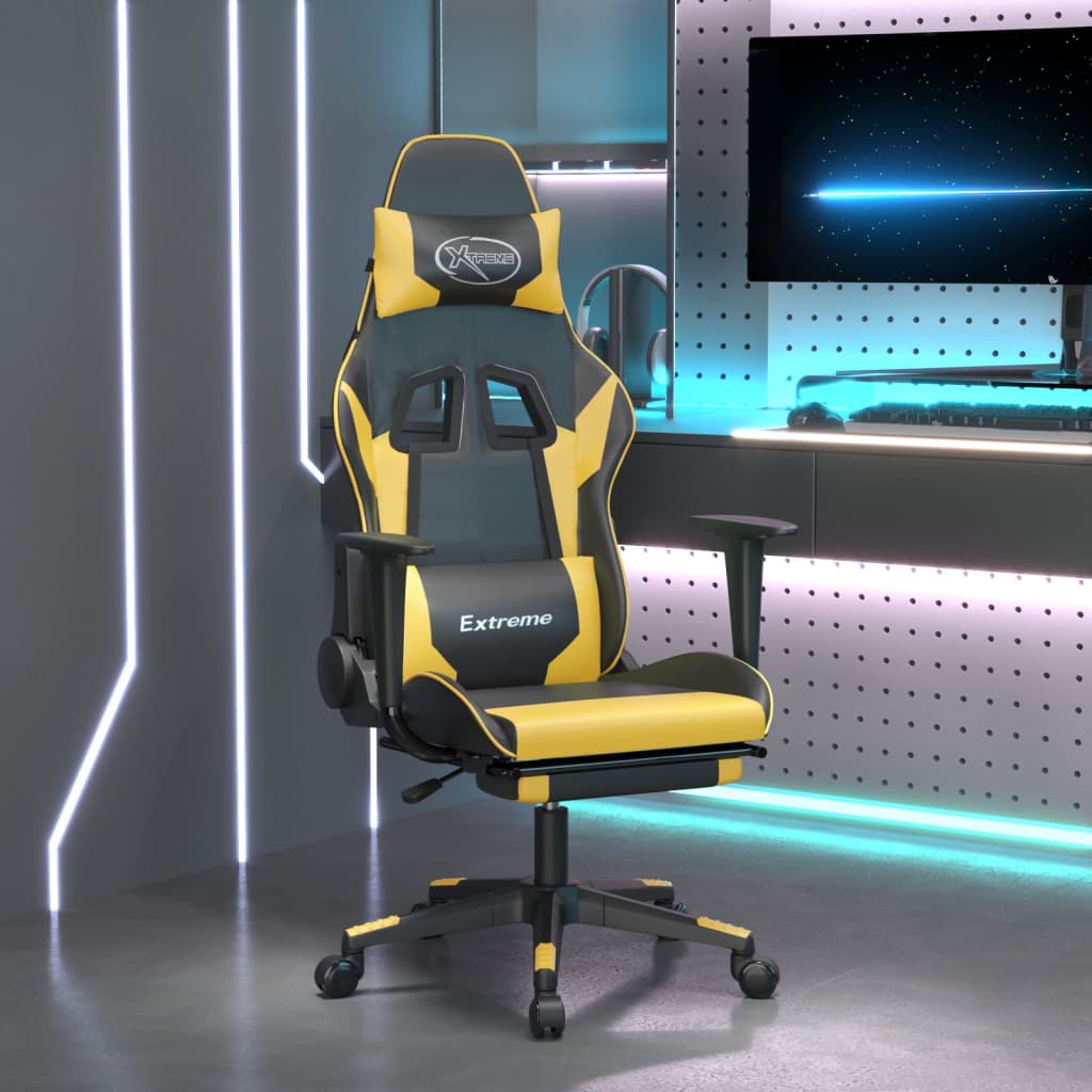 Gaming Chair with Footrest Black and Gold Faux Leather