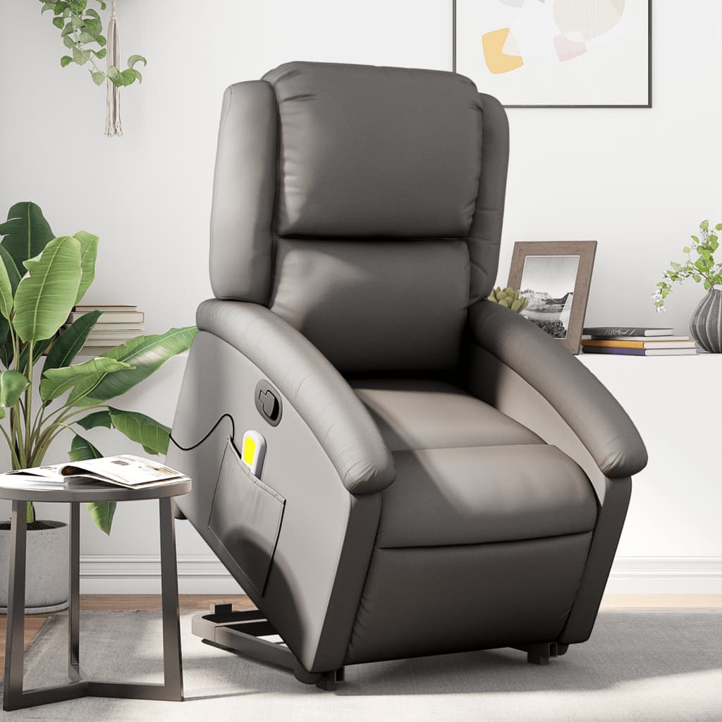 Stand up Massage Recliner Chair Gray Real Leather