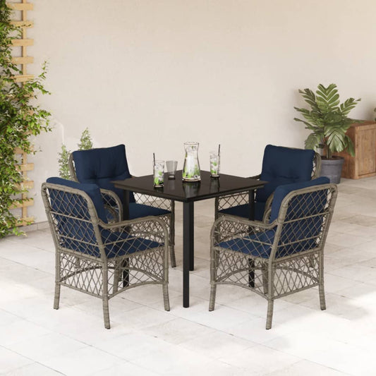 5 Piece Patio Dining Set with Cushions Gray Poly Rattan