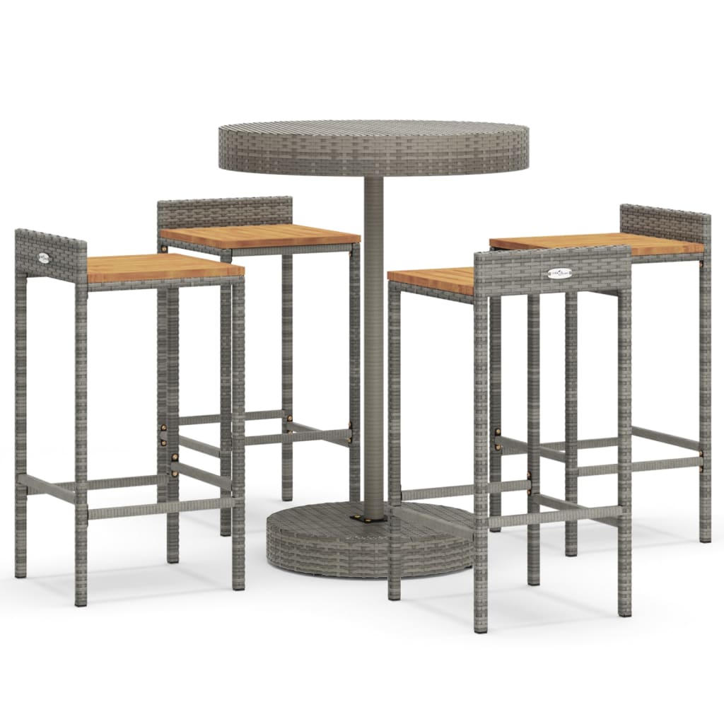 5 Piece Patio Bar Set Gray Poly Rattan&Solid Wood Acacia