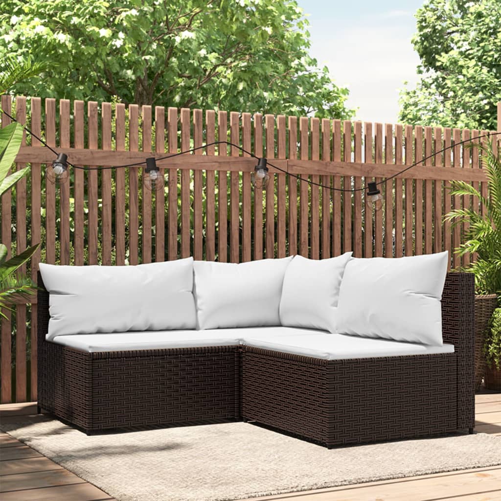 3 Piece Patio Lounge Set with Cushions Brown Poly Rattan