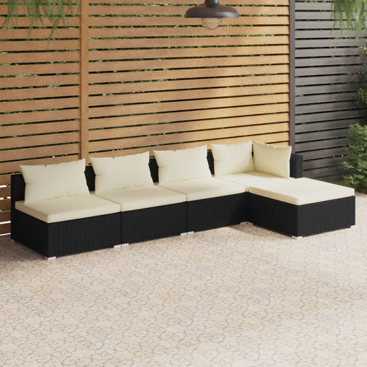 5 Piece Garden Lounge Set with Cushions Poly Rattan Black