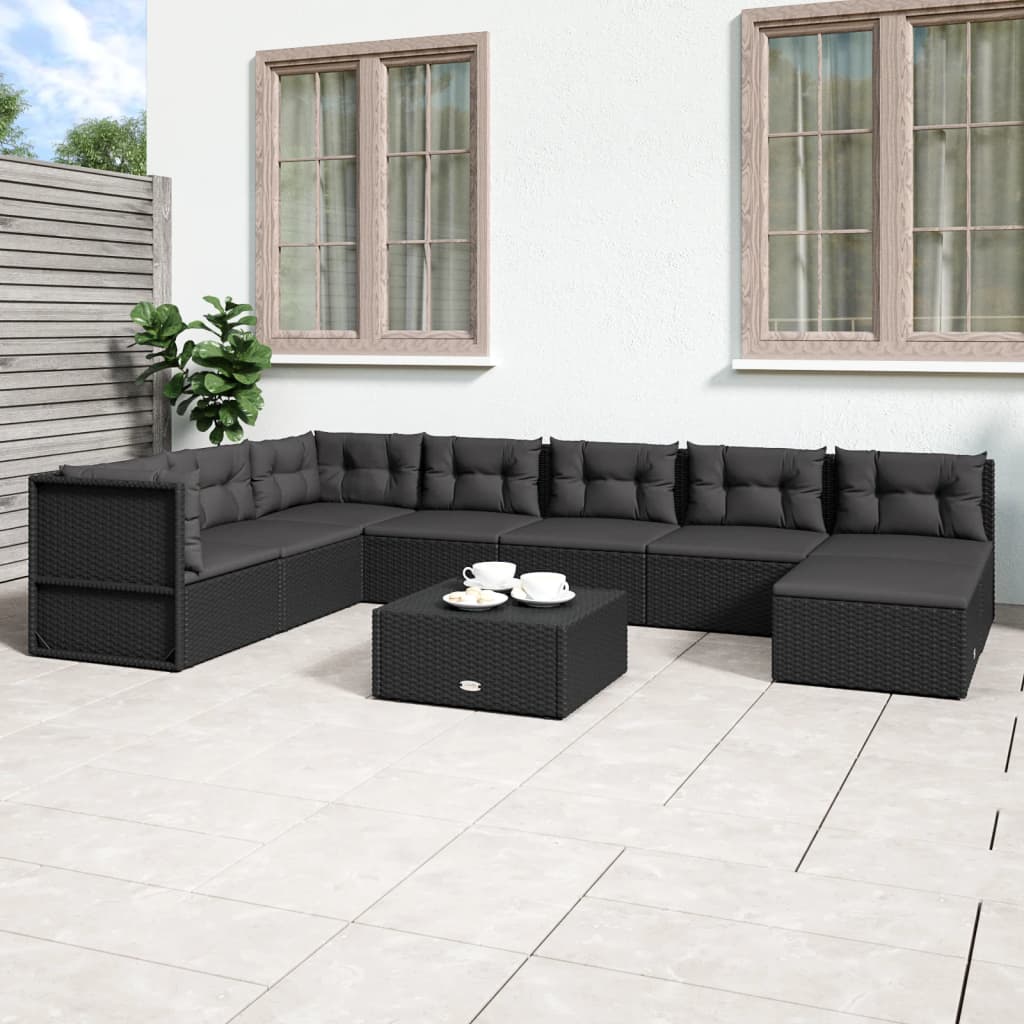 8 Piece Patio Lounge Set with Cushions Black Poly Rattan