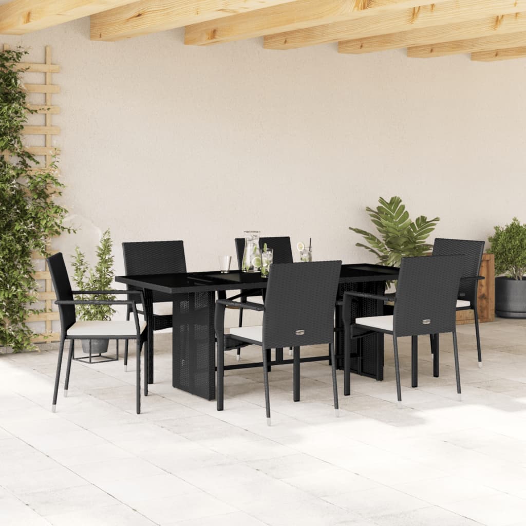 7 Piece Patio Dining Set with Cushions Black Poly Rattan