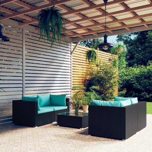 5 Piece Patio Lounge Set with Cushions Poly Rattan Black