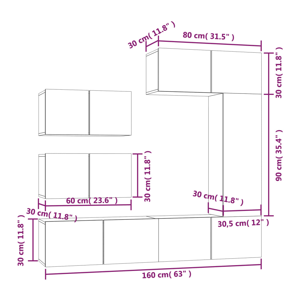 6 Piece TV Stand Set White Engineered Wood