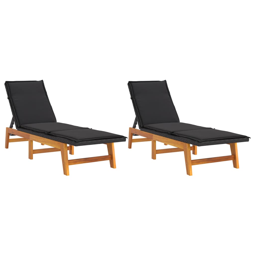 Sun Loungers with Cushions 2 pcs Poly Rattan and Solid Wood Acacia