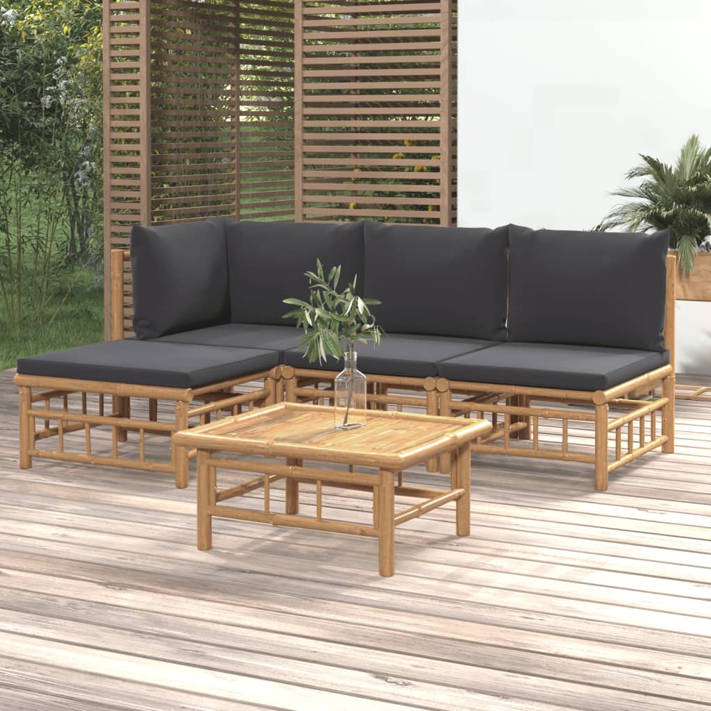 5 Piece Patio Lounge Set with Dark Gray Cushions Bamboo