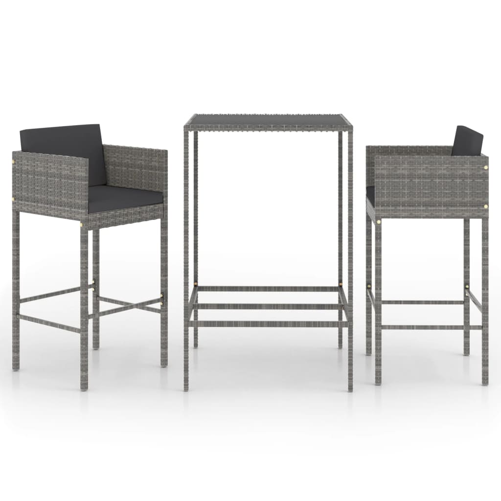 3 Piece Patio Bar Set with Cushions Poly Rattan Gray