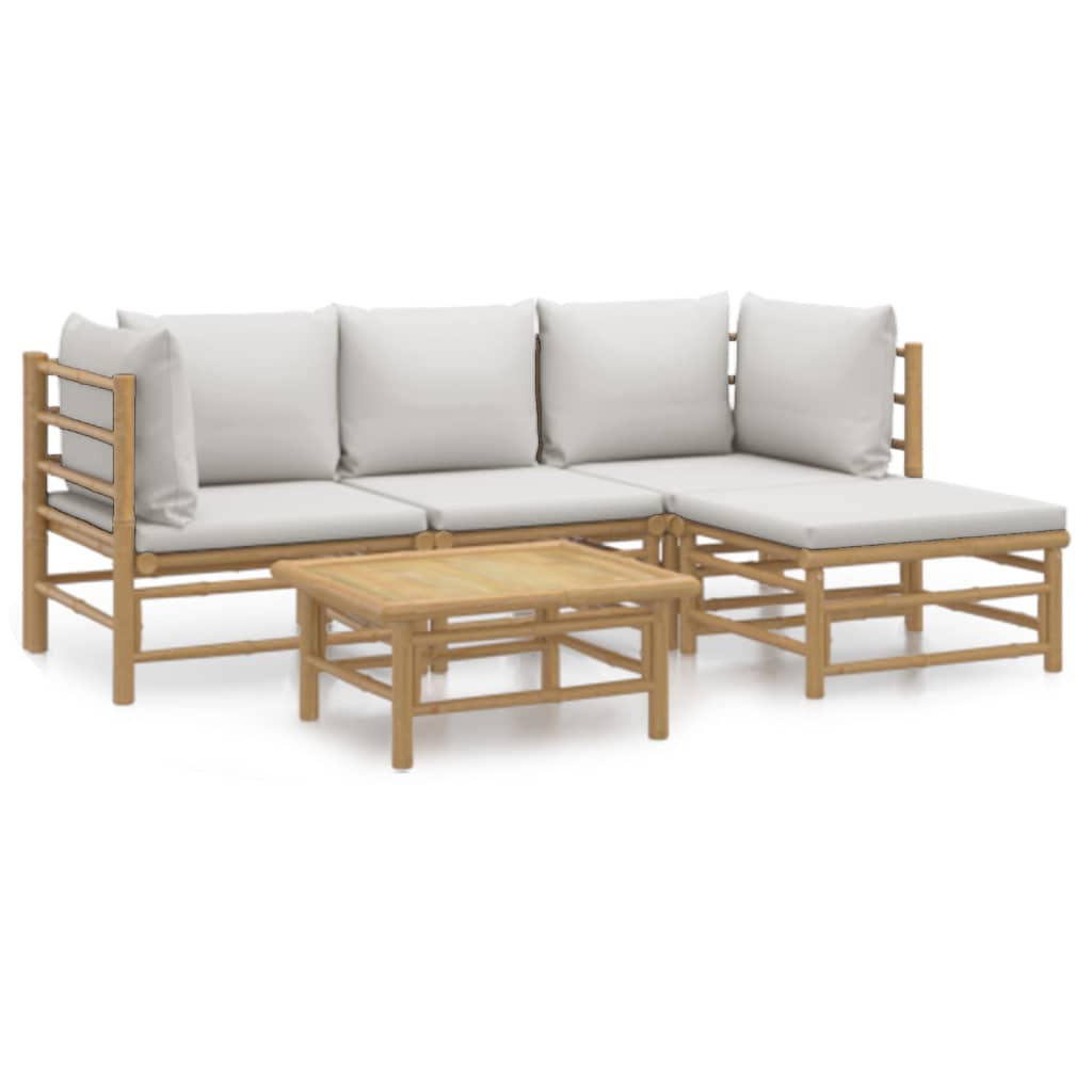 5 Piece Patio Lounge Set with Light Gray Cushions Bamboo