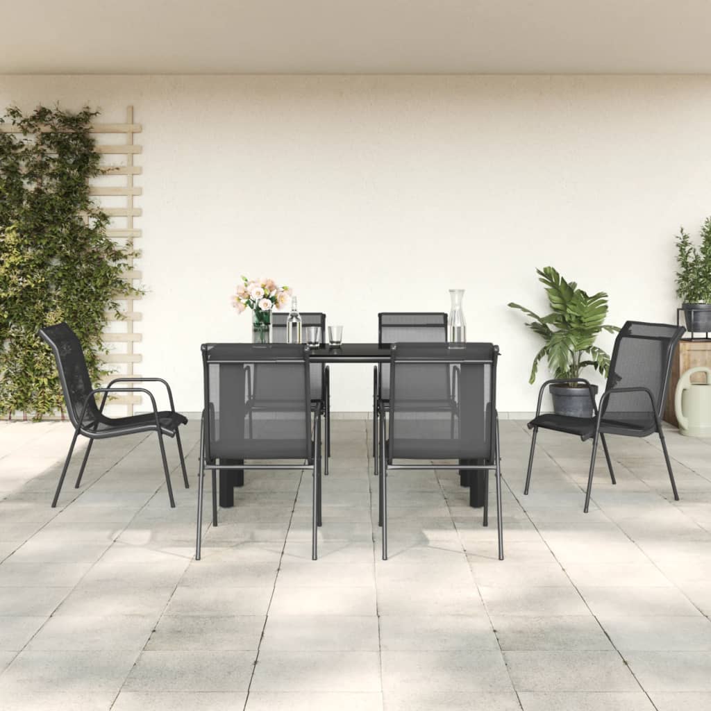 7 Piece Patio Dining Set Black Steel and Textilene