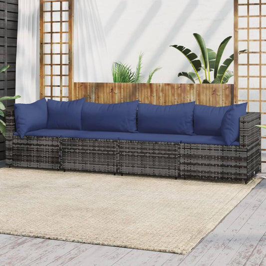 4 Piece Patio Lounge Set with Cushions Gray Poly Rattan