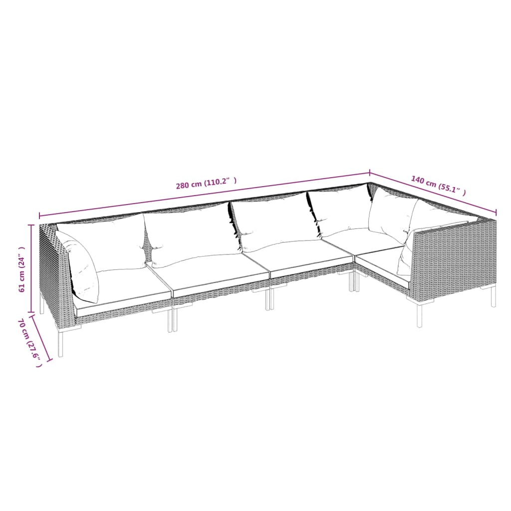 5 Piece Patio Lounge Set with Cushions Poly Rattan Dark Gray