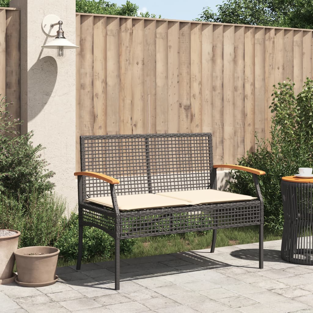 Patio Bench with Cushion Black Poly Rattan Acacia Wood