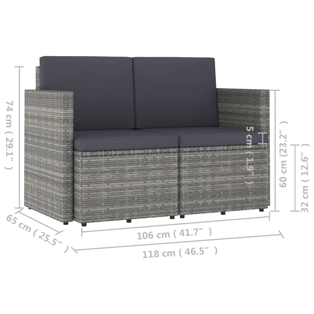 2-Seater Patio Sofa with Cushions Gray Poly Rattan