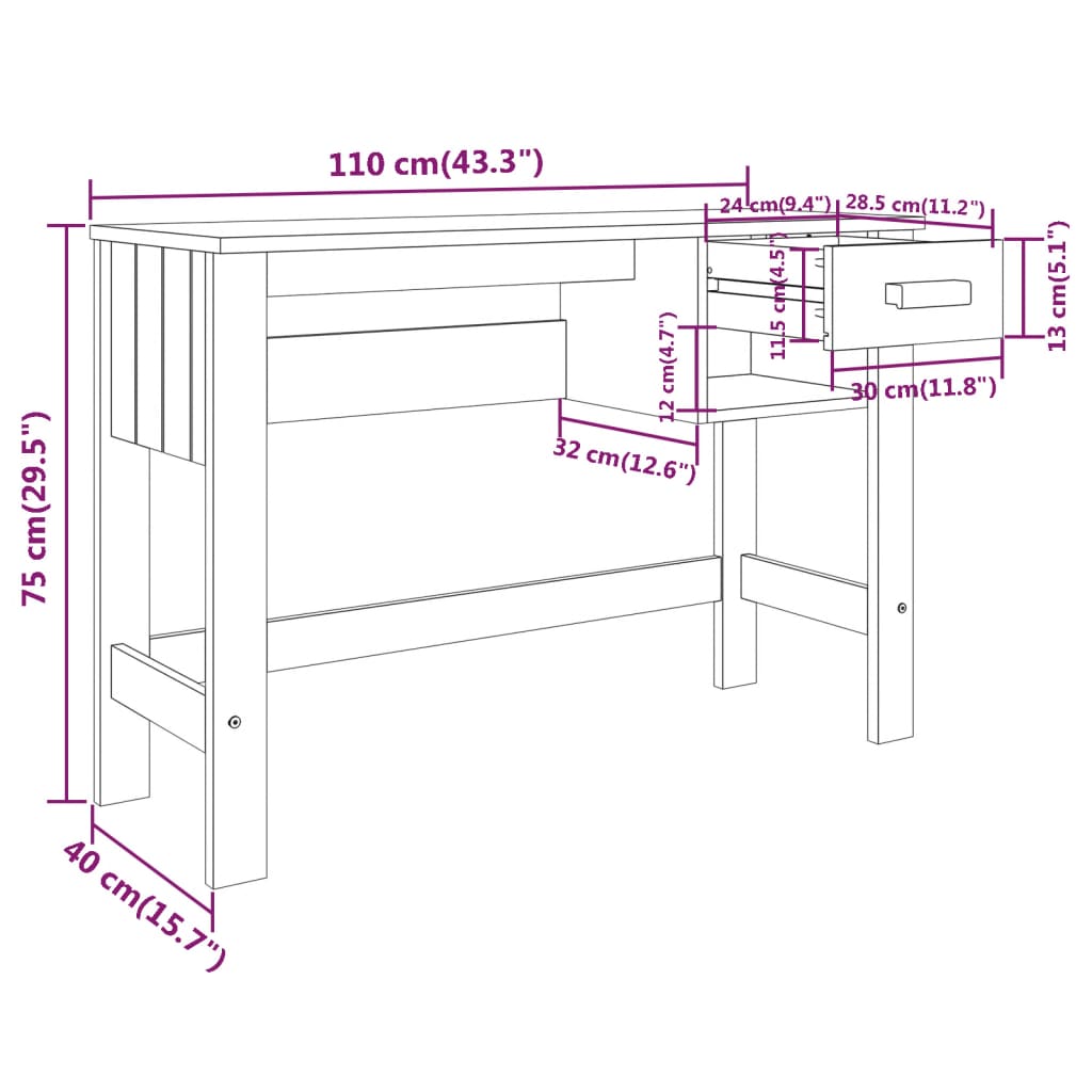 Desk HAMAR Dark Gray 43.3"x15.7"x29.5" Solid Wood Pine