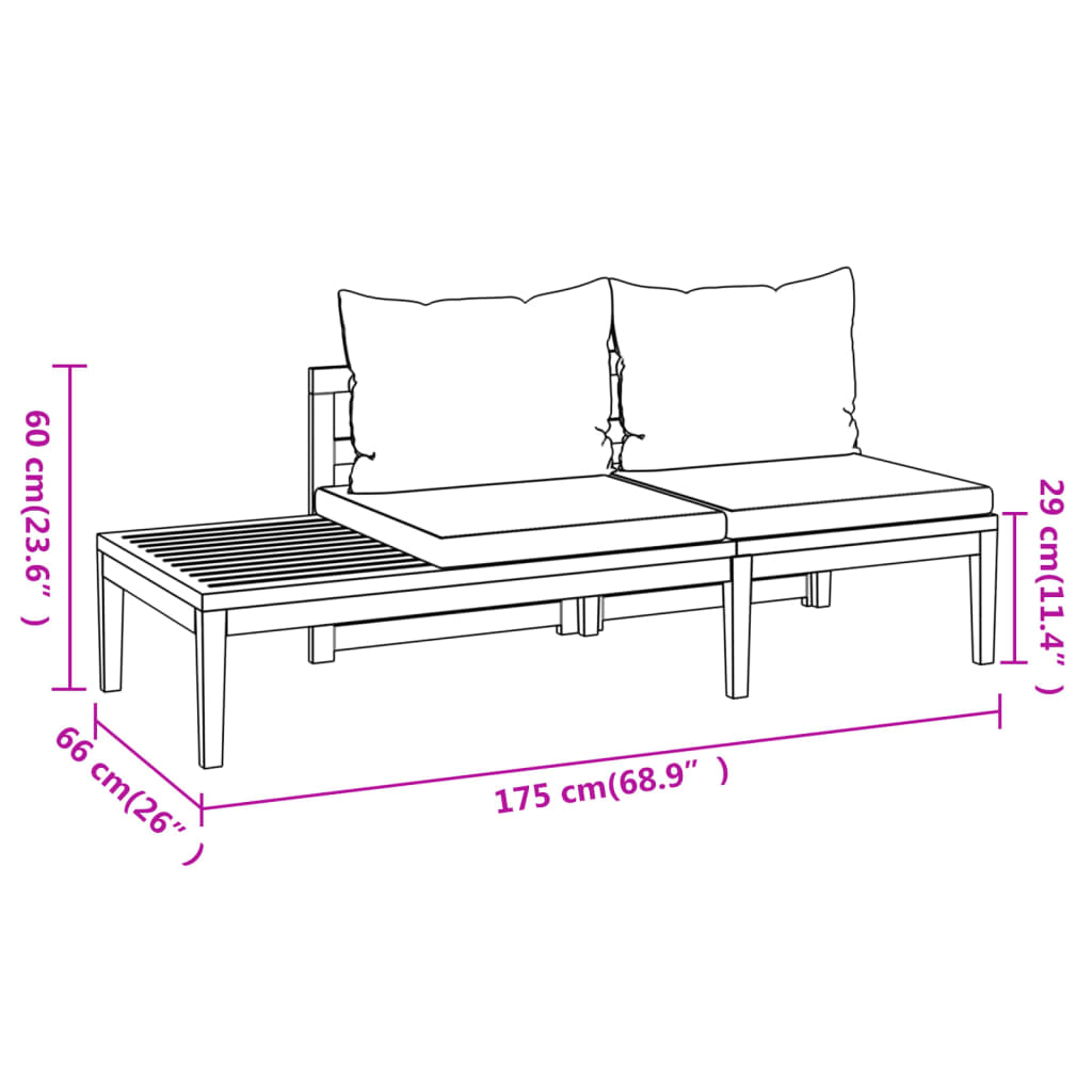 3 Piece Patio Lounge Set with Cream White Cushions Acacia Wood