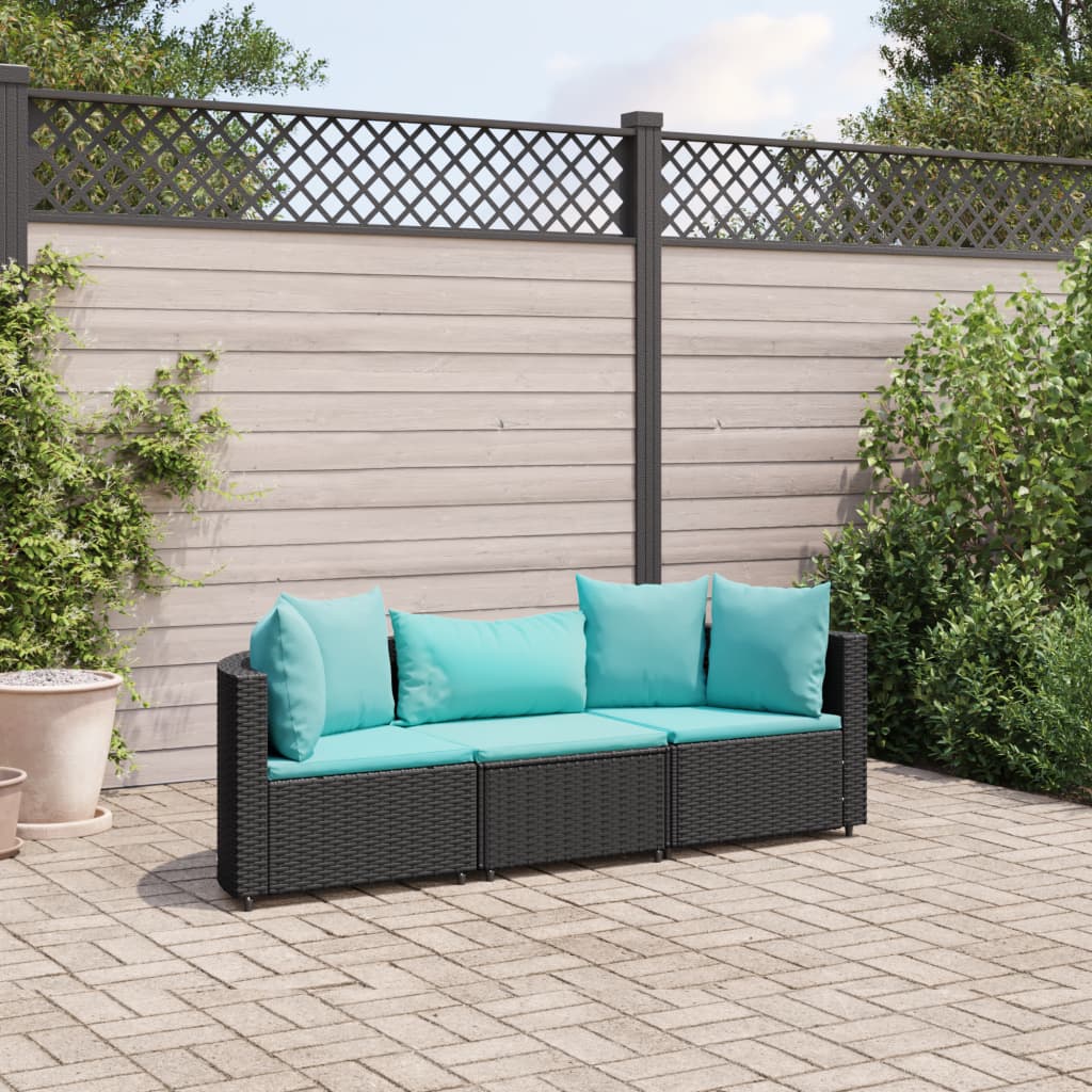 3 Piece Patio Sofa Set with Cushions Black Poly Rattan