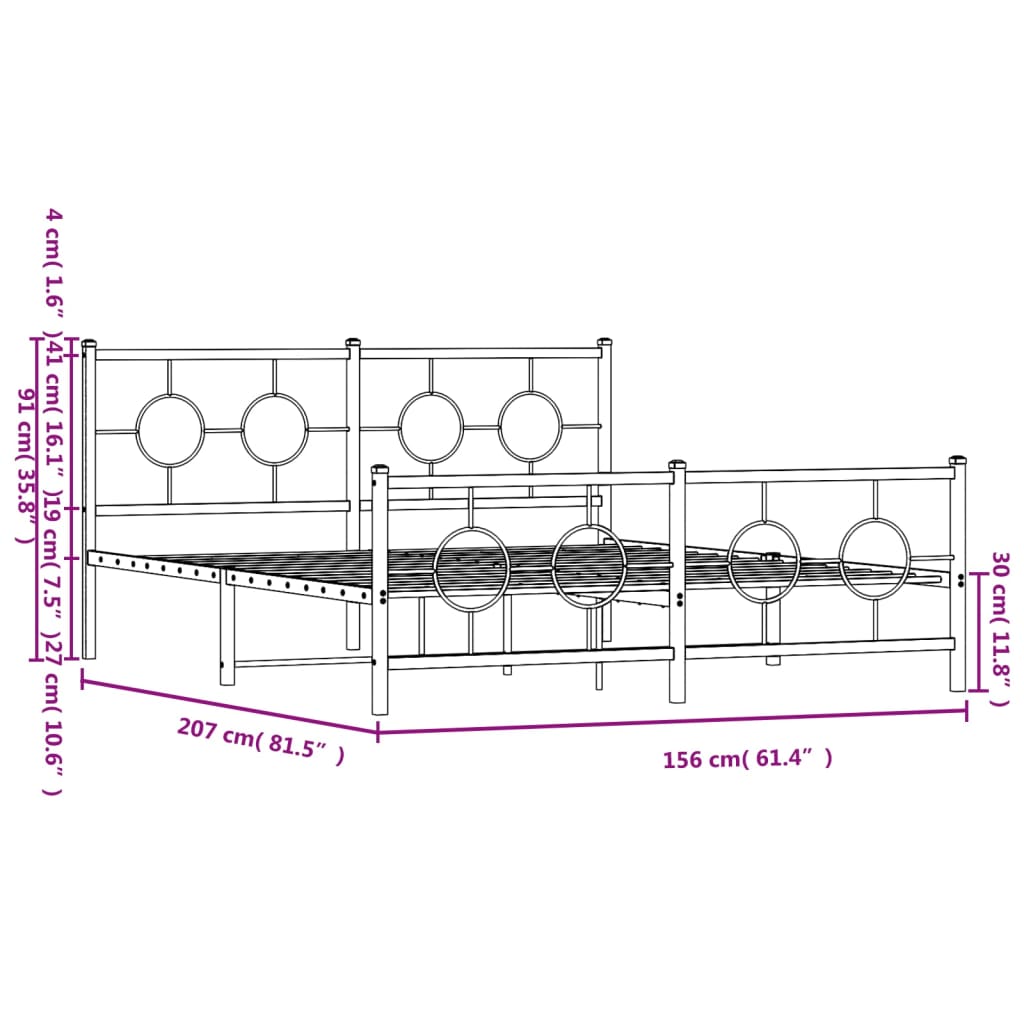 Metal Bed Frame without Mattress with Footboard White 59.1"x78.7"