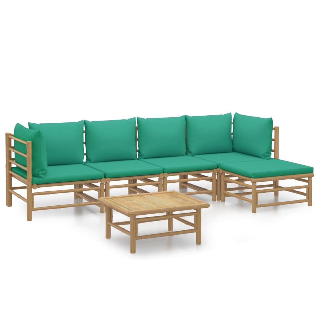 6 Piece Patio Lounge Set with Green Cushions Bamboo