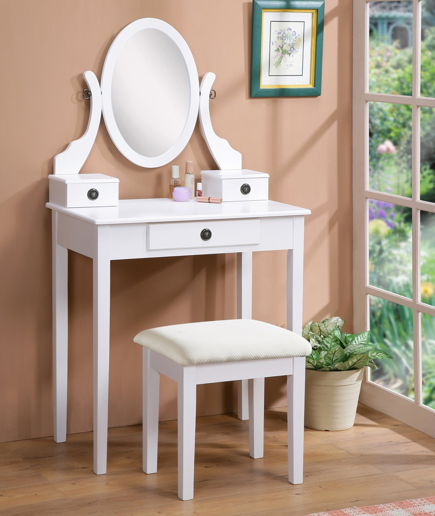 Moniys Wood Moniya Makeup Vanity Table and Stool Set, White