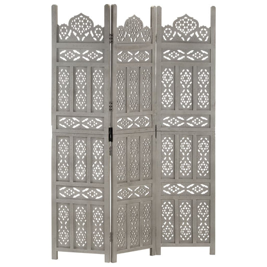 Hand carved 3-Panel Room Divider Gray 47.2"x65" Solid Mango Wood