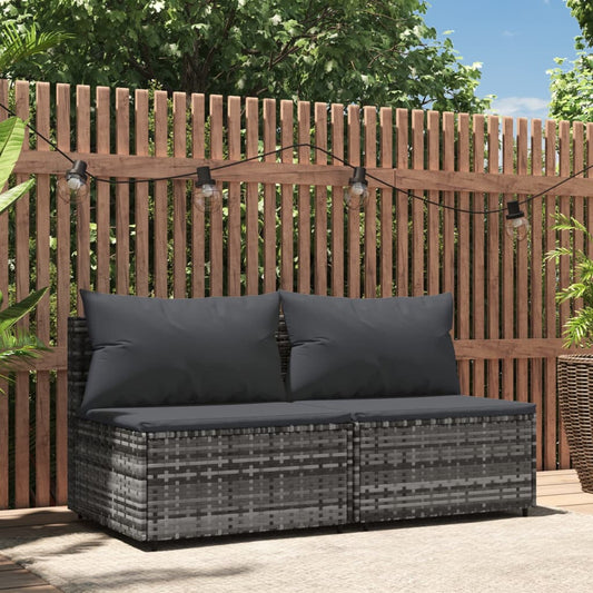 Patio Middle Sofas with Cushions 2 pcs Gray Poly Rattan