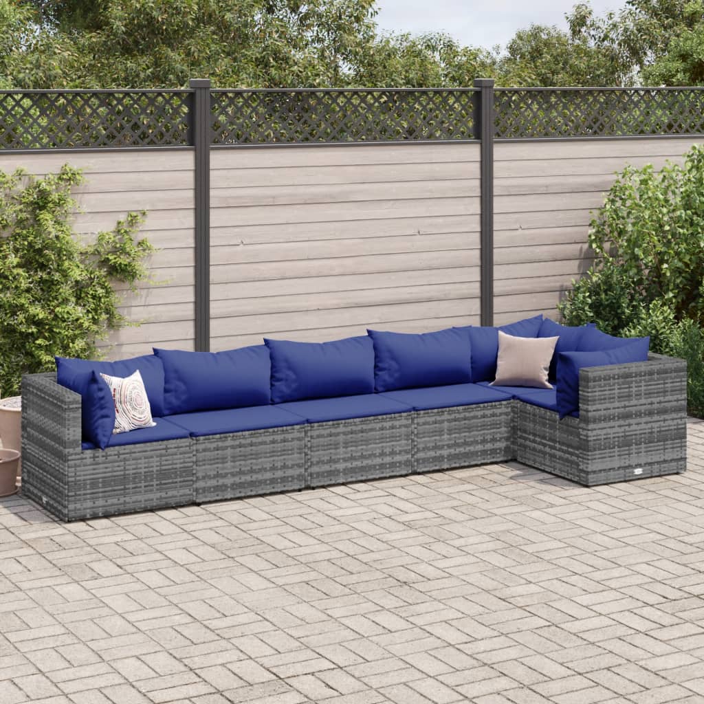 6 Piece Patio Lounge Set with Cushions Gray Poly Rattan