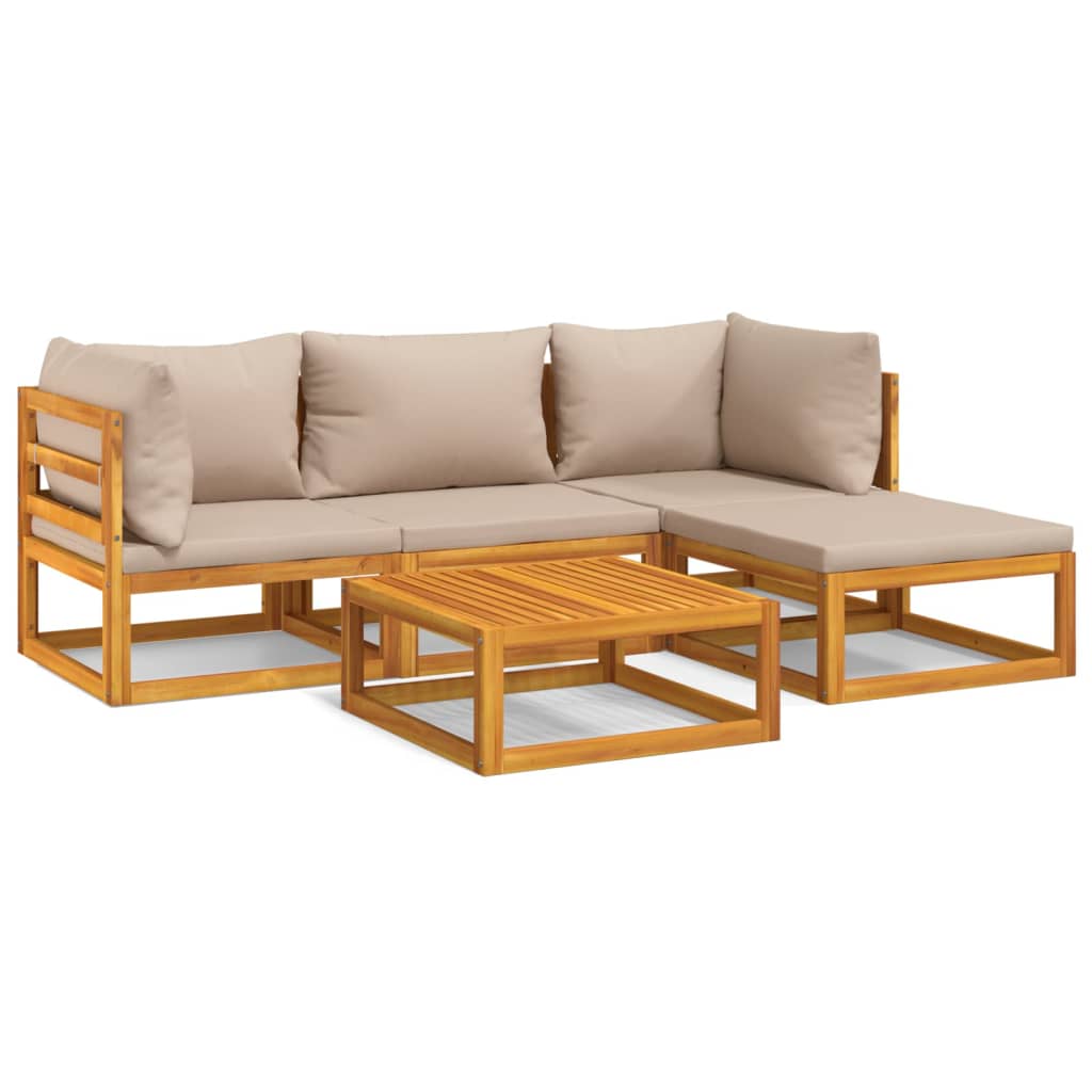 5 Piece Patio Lounge Set with Taupe Cushions Solid Wood