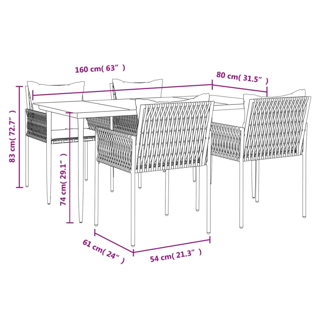 5 Piece Patio Dining Set with Cushions Poly Rattan and Steel