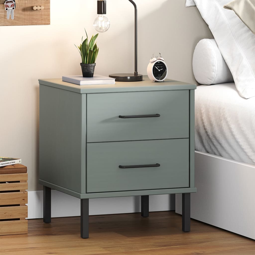 Bedside Cabinet with Metal Legs White Solid Wood Pine OSLO