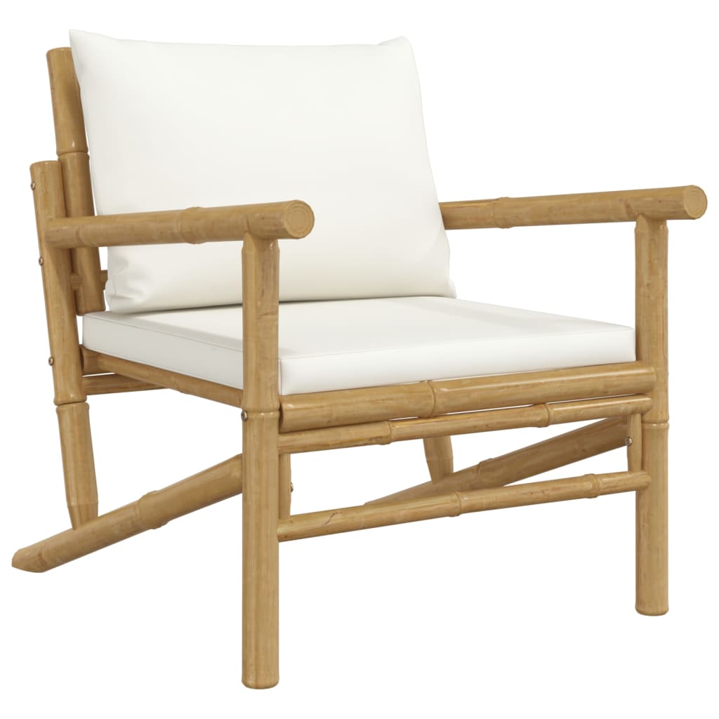 5 Piece Patio Lounge Set with Cream White Cushions Bamboo