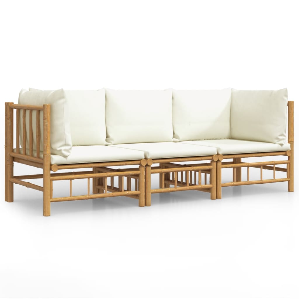 3 Piece Patio Lounge Set with Cream White Cushions Bamboo